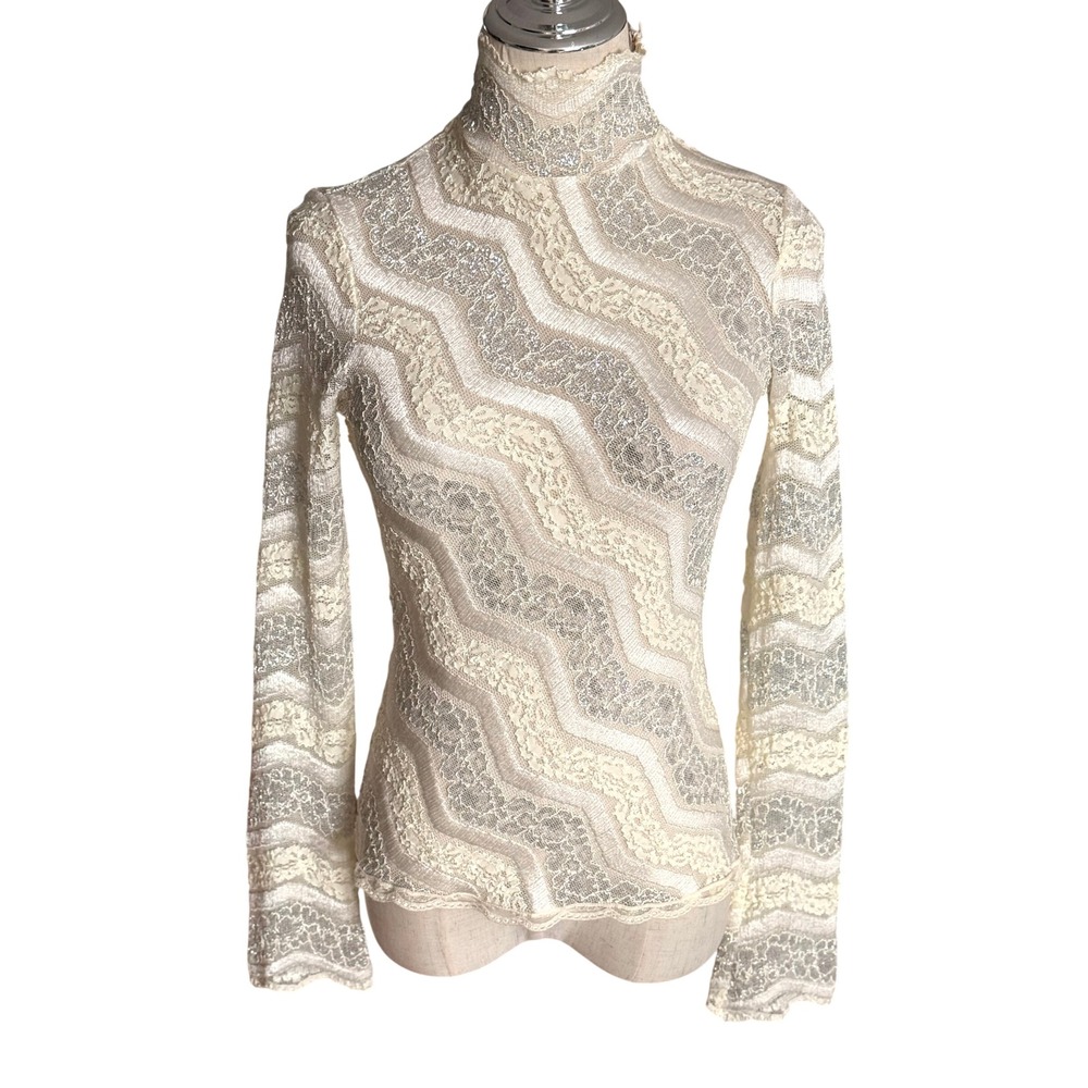 VTG Y2K Cache Cream Lace Top Metallic Silver Thread Lace Mock Neck Size Small - Picture 4 of 7